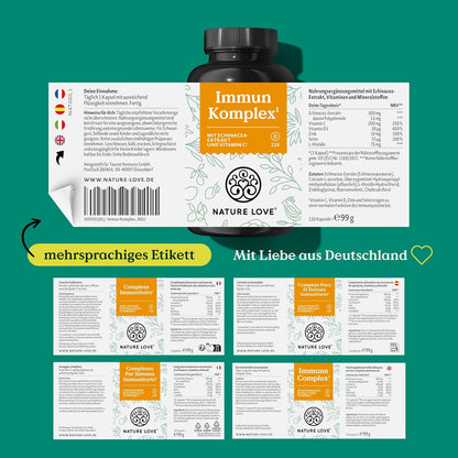 NATURE LOVE® Immun Komplex - 120 Kapseln - 4 Monate Reichweite - mit Echinacea-Extrakt, Vitamin C & D, Zink, Selen und Histidin - Immunsystem unterstützen* - hochdosiert, laborgeprüft aus Deutschland