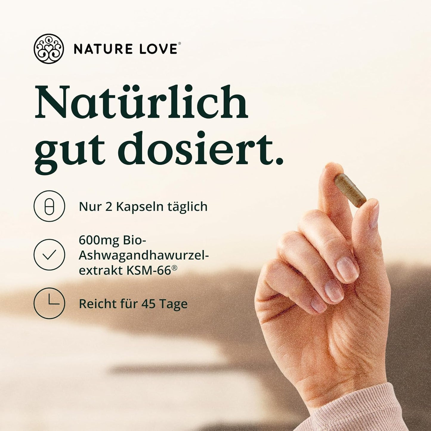 NATURE LOVE® Ashwagandha Komplex – 600mg Ashwagandha pro Tagesdosis – 90 Kapseln – mit KSM-66, Magnesium, Folsäure und Vitamin C und B6 – hochdosiert & vegan – in Deutschland produziert