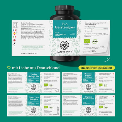 NATURE LOVE® Bio Gerstengras - 1500 mg je Tagesdosis - aus deutschem Anbau - 180 Kapseln - Hochdosiert, laborgeprüft, zertifiziert Bio, in Deutschland produziert