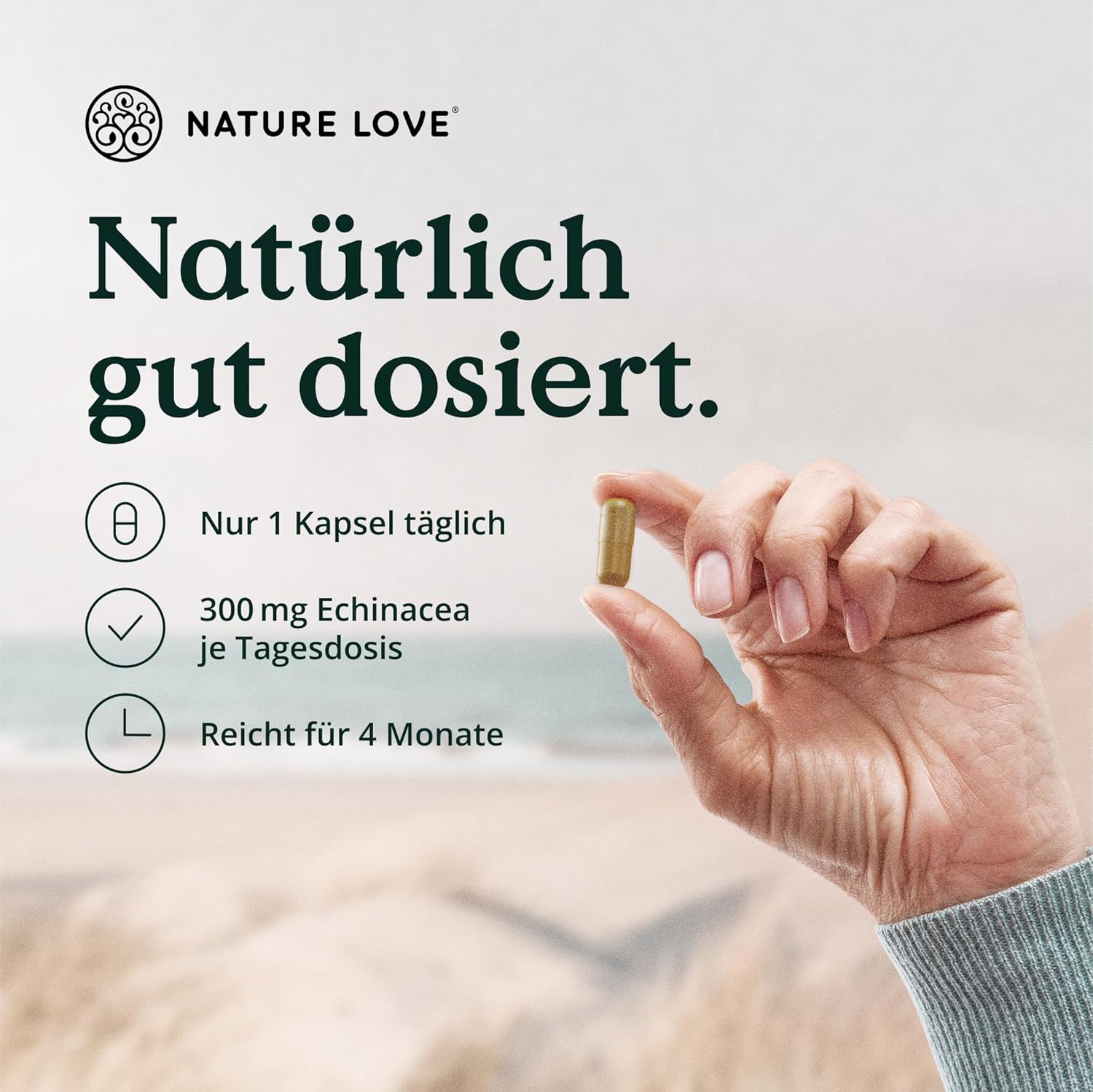 NATURE LOVE® Immun Komplex - 120 Kapseln - 4 Monate Reichweite - mit Echinacea-Extrakt, Vitamin C & D, Zink, Selen und Histidin - Immunsystem unterstützen* - hochdosiert, laborgeprüft aus Deutschland