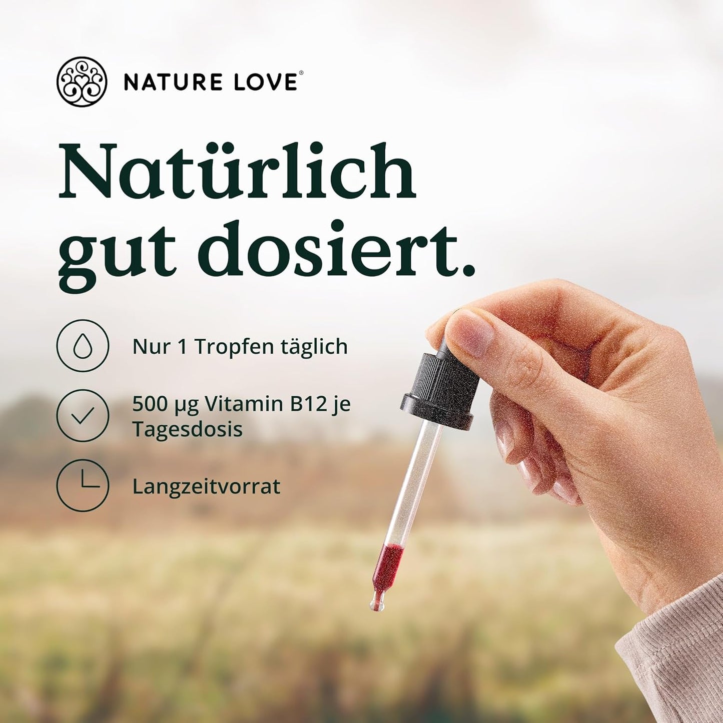 NATURE LOVE® Vitamin B12 Tropfen Vegan (900 Tropfen, 50ml flüssig). B12 duo-aktiv: Methyl- & Adenosylcobalamin. Hoch bioverfügbar, laborgeprüft, ohne Zusätze, in Deutschland produziert