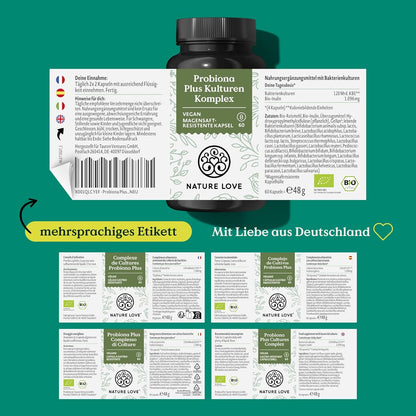 NATURE LOVE® Probiona PLUS - 120 Mrd KBE je Tagesdosis (hochdosiert) - 20 Bakterienstämme + Bio Inulin - 60 magensaftresistente Kapseln - vegan, entwickelt in Deutschland, Markenrohstoff aus Italien