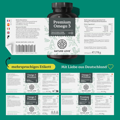 Nature Love Premium Omega 3 NEU - 120 Kapseln - 1000mg Fischöl pro Kapsel mit 80% Omega 3 Anteil (EPA & DHA) - Hochdosiert und hoch bioverfübar durch Triglycerid-Form - aus nachhaltigem Fischfang